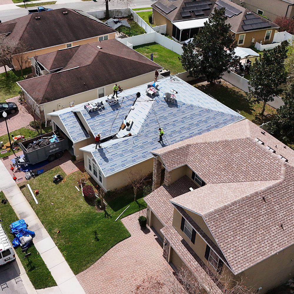 Aerial view of a shingle roof replacement in Central Florida