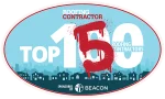 Graphic showing 'Top 150 Roofing Contractors' award with the number 150 in red, representing Noland's Roofing as a top local roofer. Sponsored by Beacon, this accolade highlights the company's expertise and reputation in the roofing industry